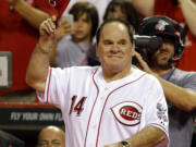 FILE - In this Sept. 6, 2013, file photo, former Cincinnati Red great Pete Rose walks onto the field during ceremonies honoring the starting eight of the 1975-76 World Champion Reds following a baseball game between the Cincinnati Reds and the Los Angeles Dodgers in Cincinnati. Major League Baseball Commissioner Rob Manfred said Thursday, April 23, 2015, that Rose will play some role during this summer's All-Star Game in Cincinnati.