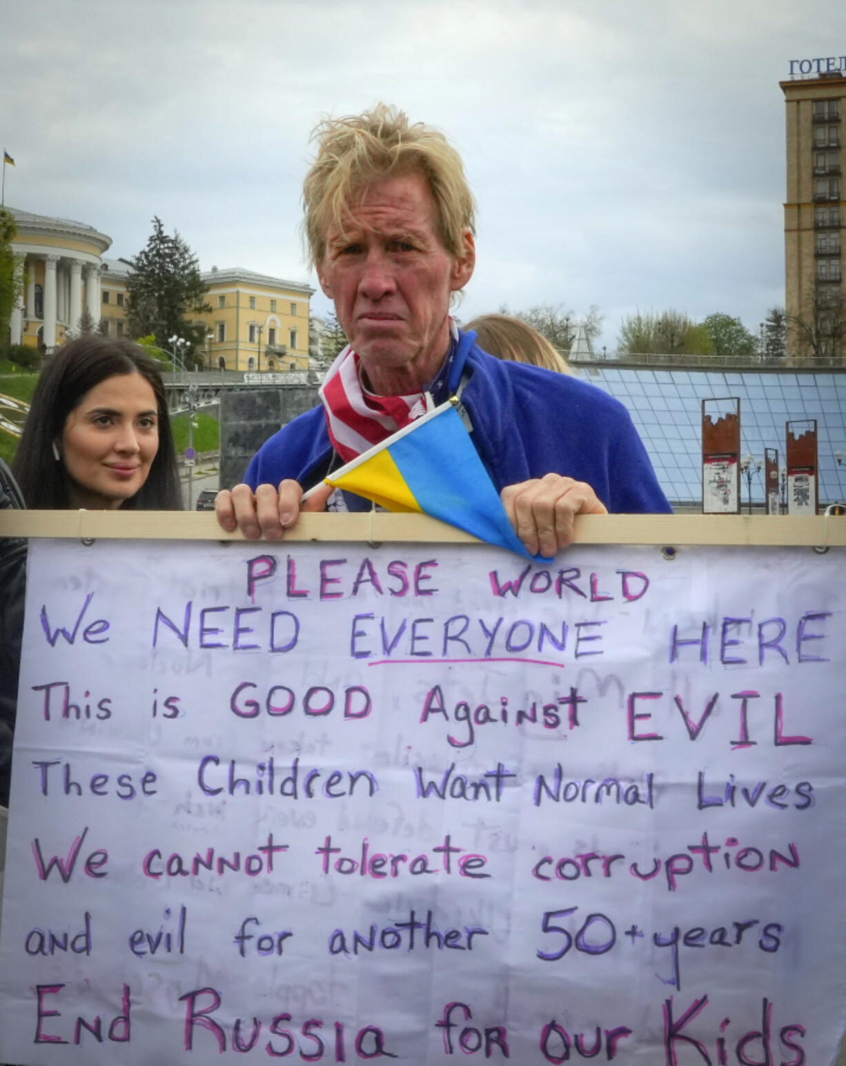 Ryan Wesley Routh takes part in a rally in central Kyiv, Ukraine, Saturday, April 30, 2022.