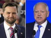 This combination of images shows Republican vice presidential nominee Sen. JD Vance, R-Ohio, at left in Erie, Pa., Aug. 28, 2024, and Democratic vice presidential candidate Minnesota Gov. Tim Walz speaking at the DNC in Chicago, Aug. 21, 2024, in Chicago.