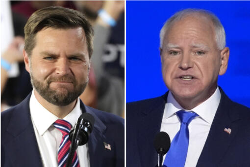 This combination of images shows Republican vice presidential nominee Sen. JD Vance, R-Ohio, at left in Erie, Pa., Aug. 28, 2024, and Democratic vice presidential candidate Minnesota Gov. Tim Walz speaking at the DNC in Chicago, Aug. 21, 2024, in Chicago.