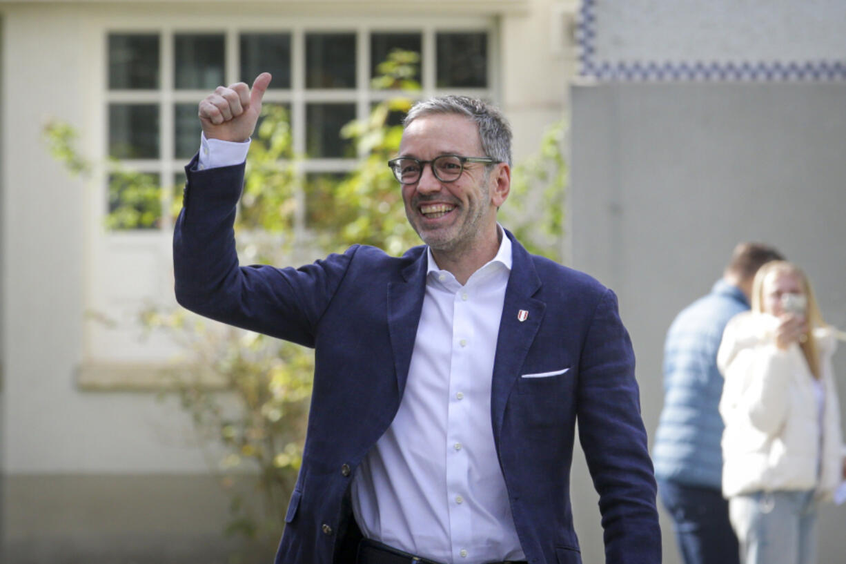 Herbert Kickl, leader of the Freedom Party of Austria gives a thumbs-up as he arrives at a polling station in Purkersdorf, Austria, Sunday, Sept. 29, 2024, to cast his vote in the country&#039;s national election.