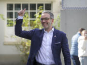 Herbert Kickl, leader of the Freedom Party of Austria gives a thumbs-up as he arrives at a polling station in Purkersdorf, Austria, Sunday, Sept. 29, 2024, to cast his vote in the country&#039;s national election.