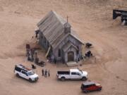 FILE - This aerial photo shows the movie set of &quot;Rust,&quot; at Bonanza Creek Ranch, Oct. 23, 2021, in Santa Fe, N.M. (AP Photo/Jae C.