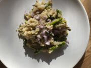 This image shows a recipe for quinoa pilaf with asparagus, from the book &ldquo;The High-Protein Vegan Cookbook for Athletes: 70 Whole-Foods Recipes to Fuel Your Body&rdquo; by Jenna Braddock and Ivy Stark.