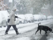 FILE - A woman walks a dog across the street in Denver on Oct. 29, 2023.