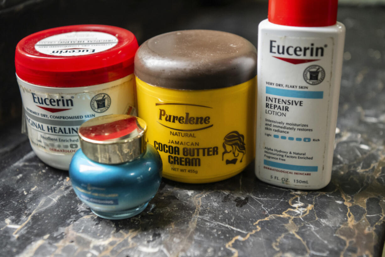 Regular skincare products  that Mia Hall, 14, uses sit on a counter Aug. 29 in Bronx borough of New York.