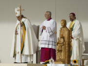 Pope Francis leaves at the end of the Sunday mass at King Baudouin Stadium, in Brussels Sunday, Sept. 29, 2024.