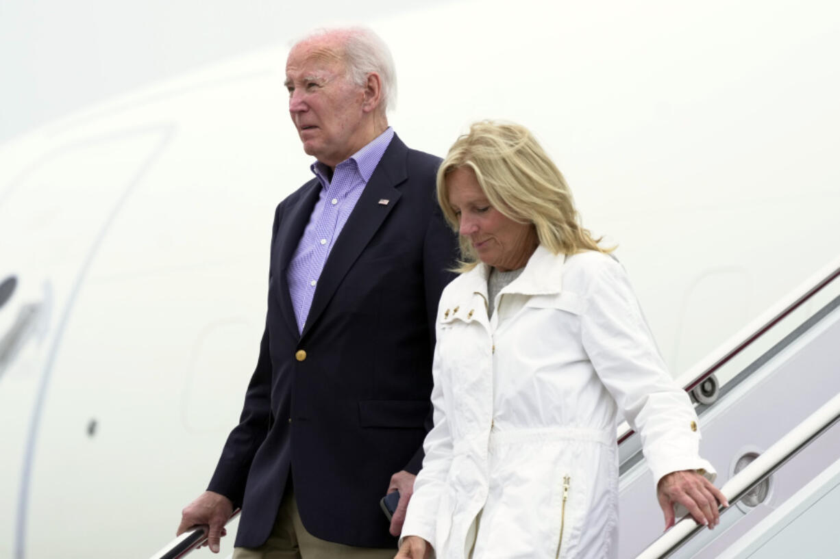 President Joe Biden and first lady Jill Biden arrive on Air Force One at Joint Base Andrews, Md., Sunday, Sept. 29, 2024.