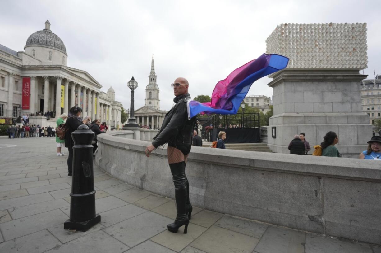 Ed Willcox, one of the participants in the artwork &ldquo;Mil Veces un Instante (A Thousand Times in an Instant)&rdquo; created by Mexican artist Teresa Margolles, poses for a photograph Wednesday on the Fourth Plinth, marking 25 years of the ground-breaking commissioning programme for public art at Trafalgar Square, in London.