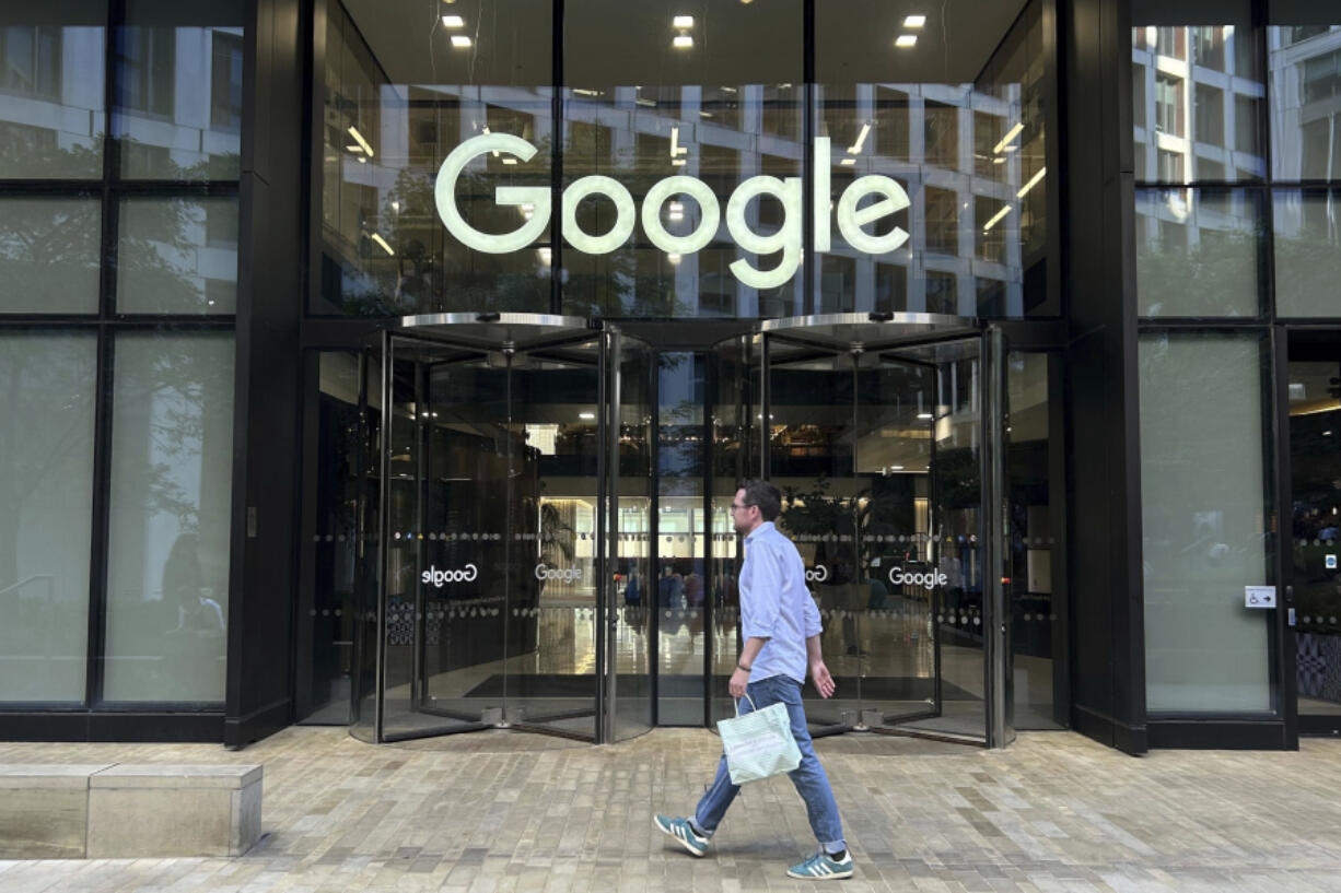 A man walks past Google&rsquo;s offices in London&rsquo;s Kings Cross area, on Aug. 10, 2024.