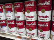 Cans of Campbell&#039;s soup are displayed in a supermarket on March 25, 2021, in New York.