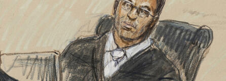 FILE - This artist sketch depicts U.S. District Judge Amit Mehta during a Jan. 6, 2021 trial at the federal courthouse in Washington, Nov. 7, 2022.  Mehta assured Capitol rioter Shane Jenkins that he wasn&rsquo;t getting punished for his political beliefs. Mehta said he was disturbed that Jenkins was selling Jan. 6 merchandise promoting the notion that he and other rioters are political prisoners. He sentenced the Texas man to seven years in prison.