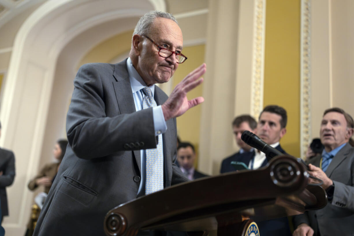 Senate Majority Leader Chuck Schumer, D-N.Y., speaks with reporters at the Capitol in Washington, Tuesday, Sept. 24, 2024.  (AP Photo/J.