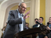 Senate Majority Leader Chuck Schumer, D-N.Y., speaks with reporters at the Capitol in Washington, Tuesday, Sept. 24, 2024.  (AP Photo/J.