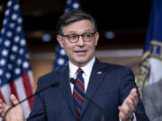 FILE - Speaker of the House Mike Johnson, R-La., speaks at the Capitol in Washington, July 23, 2024. (AP Photo/J.