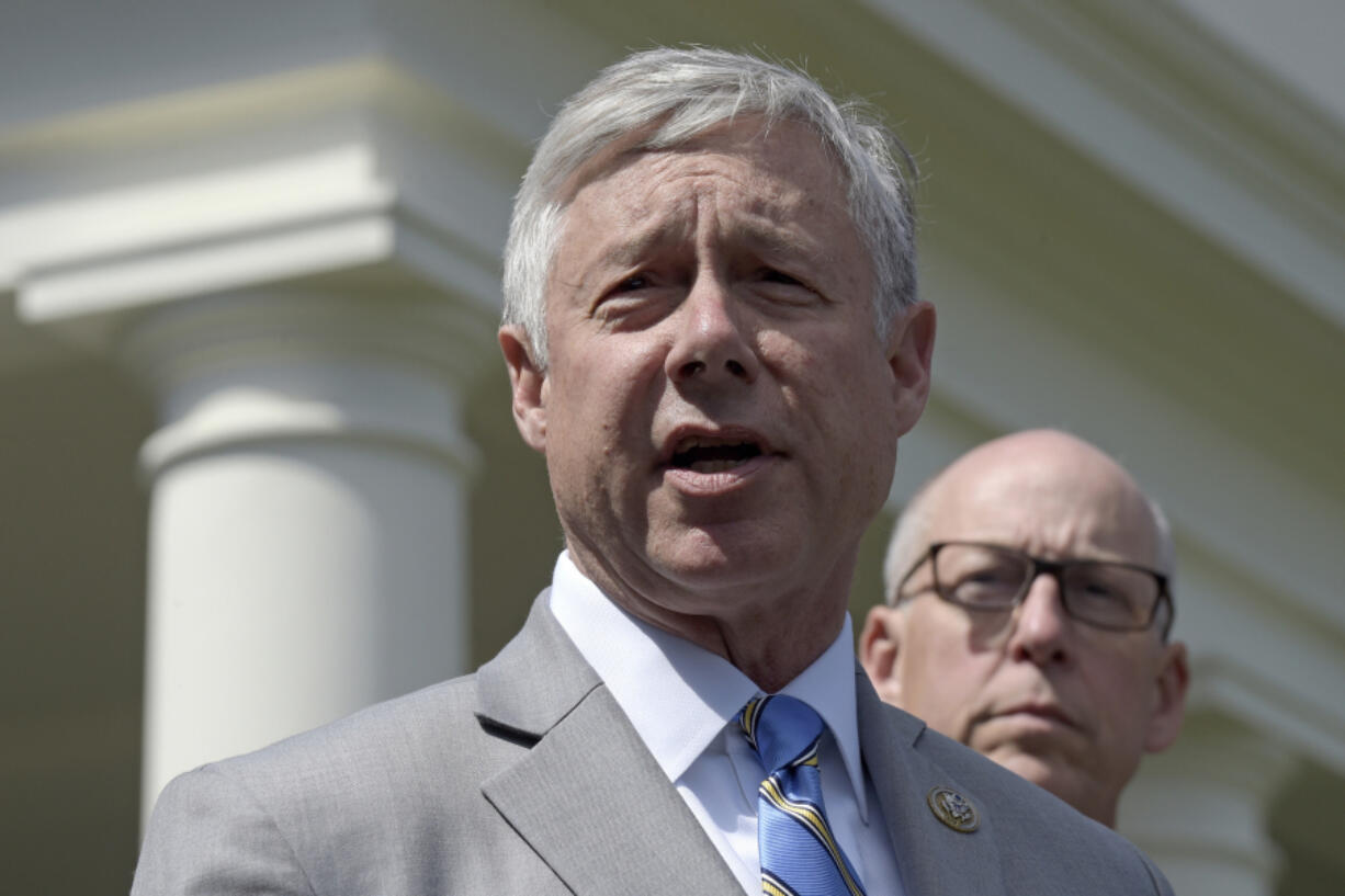 FILE - Rep. Fred Upton, R-Mich., speaks to reporters outside the White House in Washington, May 3, 2017.