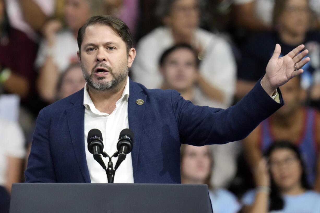 FILE - Rep. Ruben Gallego, D-Ariz., speaks before Democratic presidential nominee Vice President Kamala Harris and Democratic vice presidential nominee Minnesota Gov. Tim Walz at a campaign rally at Desert Diamond Arena, Friday, Aug. 9, 2024, in Glendale, Ariz. (AP Photo/Ross D.