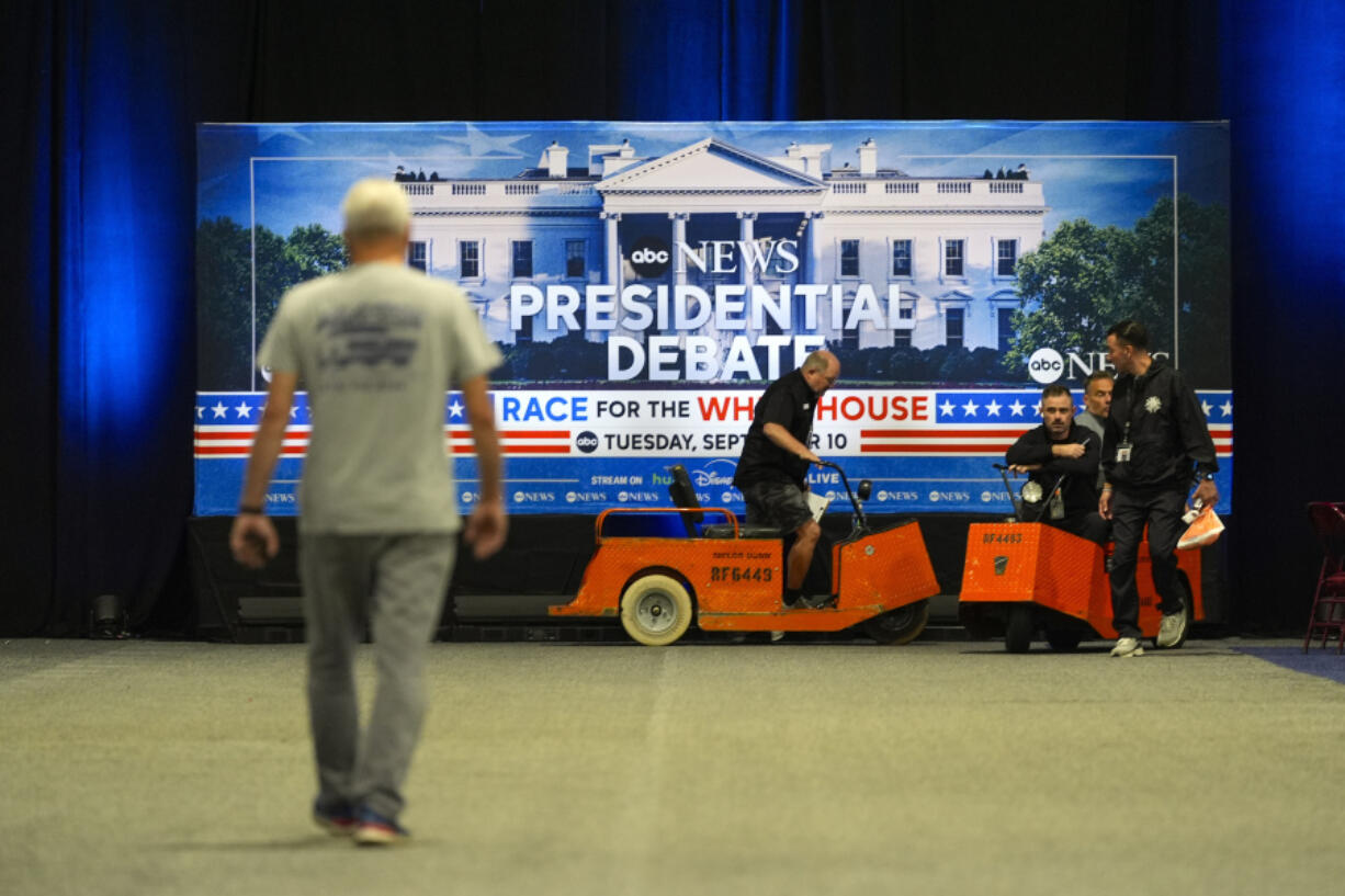 Signage at the media filing center ahead of the presidential debate between Republican presidential candidate former President Donald Trump and Democratic presidential nominee Vice President Kamala Harris, Monday, Sept. 9, 2024, in Philadelphia.