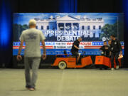 Signage at the media filing center ahead of the presidential debate between Republican presidential candidate former President Donald Trump and Democratic presidential nominee Vice President Kamala Harris, Monday, Sept. 9, 2024, in Philadelphia.