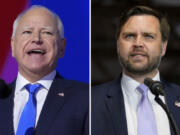 This combination of photos shows Democratic vice presidential candidate Minnesota Gov. Tim Walz, left, at the DNC on Aug. 21, 2024, in Chicago, and Republican vice presidential nominee Sen. JD Vance, R-Ohio, on Sept. 25, 2024, in Traverse City, Mich.