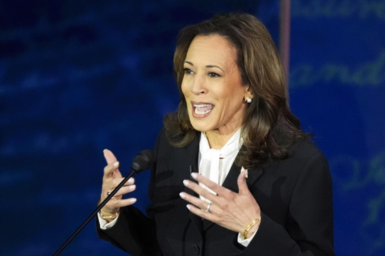 Democratic presidential nominee Vice President Kamala Harris speaks during a presidential debate with Republican presidential nominee former President Donald Trump at the National Constitution Center in Philadelphia, Tuesday, Sept. 10, 2024.