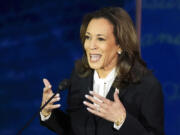 Democratic presidential nominee Vice President Kamala Harris speaks during a presidential debate with Republican presidential nominee former President Donald Trump at the National Constitution Center in Philadelphia, Tuesday, Sept. 10, 2024.