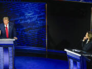 Republican presidential nominee former President Donald Trump and Democratic presidential nominee Vice President Kamala Harris participate during an ABC News presidential debate at the National Constitution Center in Philadelphia, Tuesday, Sept. 10, 2024.