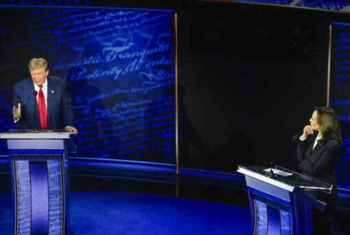 Republican presidential nominee former President Donald Trump and Democratic presidential nominee Vice President Kamala Harris participate during an ABC News presidential debate at the National Constitution Center in Philadelphia, Tuesday, Sept. 10, 2024.