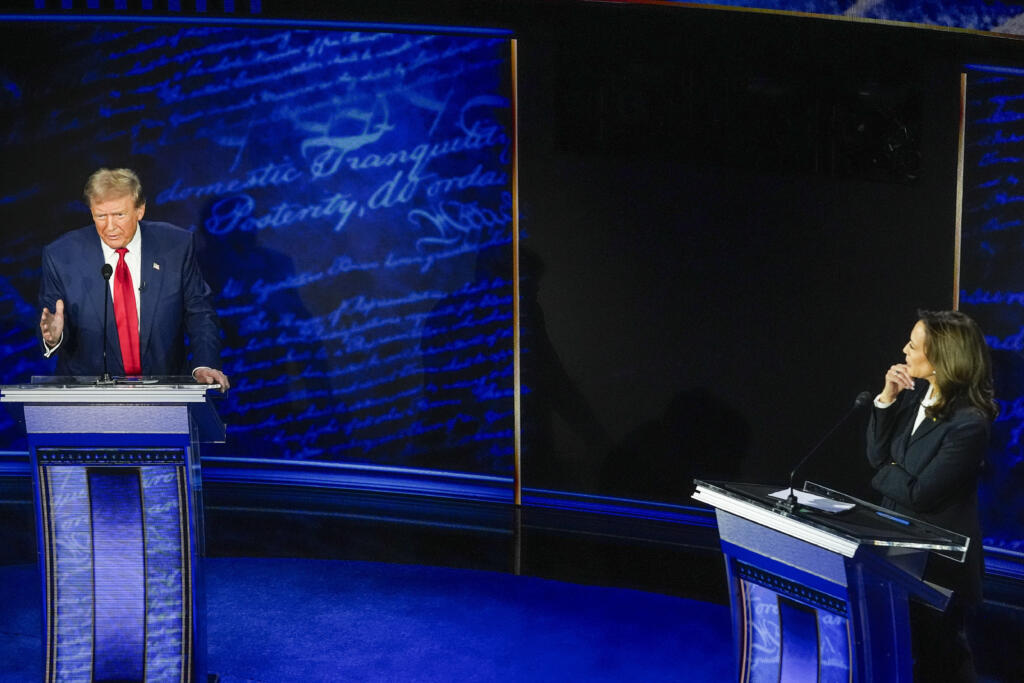 Republican presidential nominee former President Donald Trump and Democratic presidential nominee Vice President Kamala Harris participate during an ABC News presidential debate at the National Constitution Center in Philadelphia, Tuesday, Sept. 10, 2024.