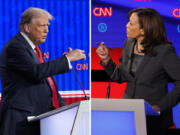 This combination photo shows Republican presidential candidate former President Donald Trump speaking during a presidential debate, June 27, 2024, in Atlanta, left, and Sen. Kamala Harris, D-Calif., speaking during a Democratic presidential primary debates, July 31, 2019, in Detroit.