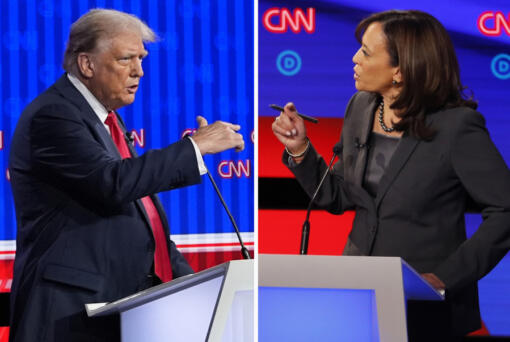 This combination photo shows Republican presidential candidate former President Donald Trump speaking during a presidential debate, June 27, 2024, in Atlanta, left, and Sen. Kamala Harris, D-Calif., speaking during a Democratic presidential primary debates, July 31, 2019, in Detroit.