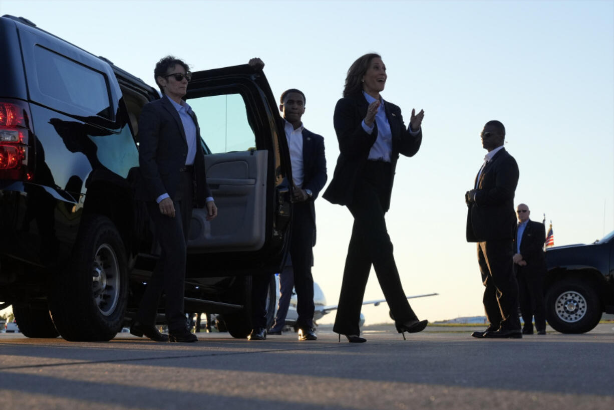 Democratic presidential nominee Vice President Kamala Harris arrives to board Air Force Two at Pittsburgh International Airport in Pittsburgh, Monday, Sept. 2, 2024.