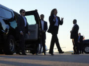 Democratic presidential nominee Vice President Kamala Harris arrives to board Air Force Two at Pittsburgh International Airport in Pittsburgh, Monday, Sept. 2, 2024.