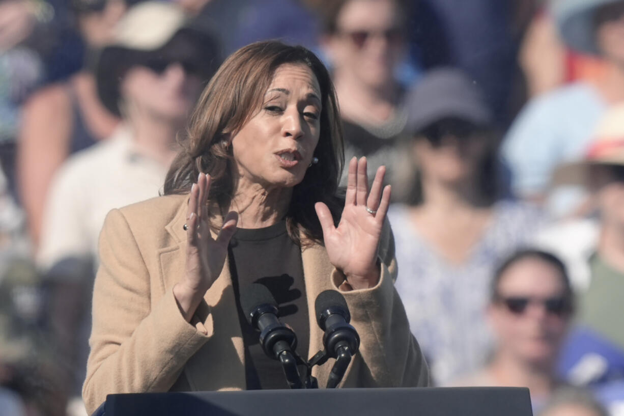 Democratic presidential nominee Vice President Kamala Harris speaks during a campaign stop at the Throwback Brewery, in North Hampton, N.H., Wednesday, Sept. 4, 2024.