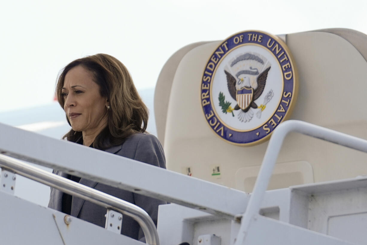 Democratic presidential nominee Vice President Kamala Harris during her arrival at Dobbins Air Reserve Base in Marietta, Ga.