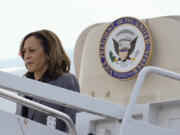 Democratic presidential nominee Vice President Kamala Harris during her arrival at Dobbins Air Reserve Base in Marietta, Ga.