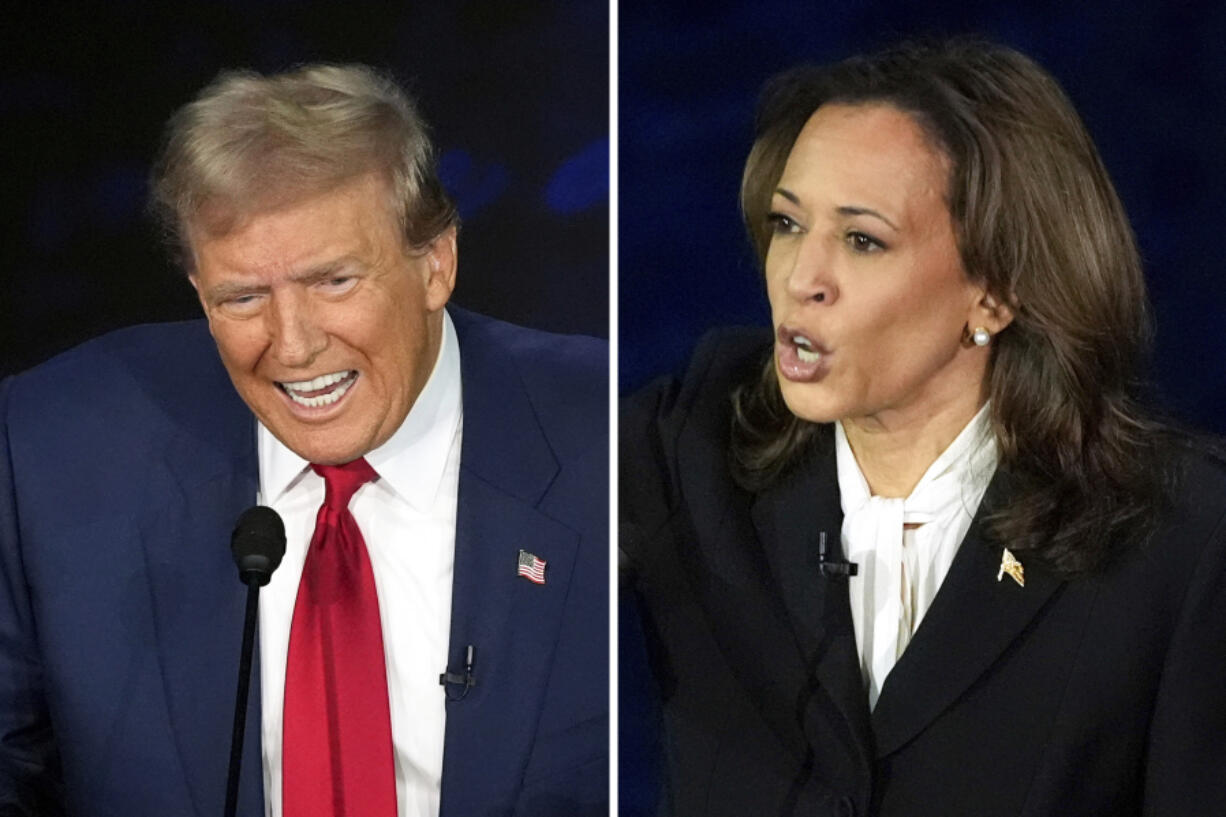 This combination of photos shows Republican presidential nominee former President Donald Trump, left, and Democratic presidential nominee Vice President Kamala Harris during an ABC News presidential debate at the National Constitution Center, Sept. 10, 2024, in Philadelphia.