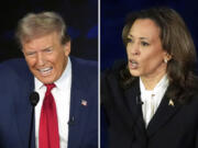 This combination of photos shows Republican presidential nominee former President Donald Trump, left, and Democratic presidential nominee Vice President Kamala Harris during an ABC News presidential debate at the National Constitution Center, Sept. 10, 2024, in Philadelphia.