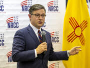 House Speaker Mike Johnson talks to attendees of a campaign event for Republican U.S. House candidate Yvette Herrell of New Mexico in Las Cruces, N.M., Wednesday, Aug. 21, 2024.