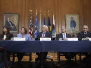 Attorney General Merrick Garland, center, speaks before a meeting of the Justice Department&rsquo;s Election Threats Task Force, at the Department of Justice, Wednesday, Sept. 4, 2024, in Washington, with from left, Deputy Attorney General, Criminal Division, Nicole Argentieri, Deputy Attorney General Lisa Monaco, Garland, FBI Director Christopher Wray and Assistant Attorney General, National Security Division, Matthew Olsen.