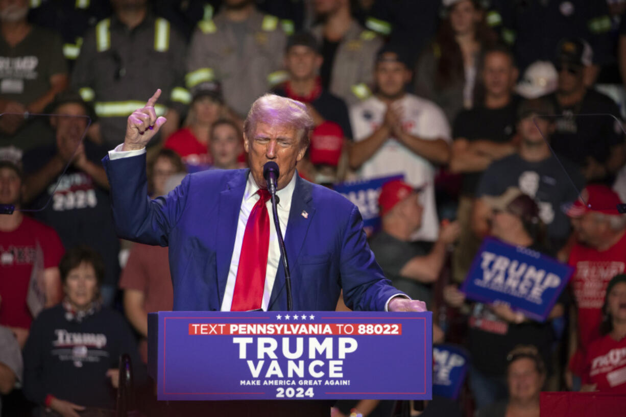 Republican presidential nominee former President Donald Trump yells &ldquo;fight, fight, fight,&rdquo; during a campaign rally at Ed Fry Arena in Indiana, Pa., Monday, Sept. 23, 2024.