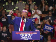 Republican presidential nominee former President Donald Trump yells &ldquo;fight, fight, fight,&rdquo; during a campaign rally at Ed Fry Arena in Indiana, Pa., Monday, Sept. 23, 2024.