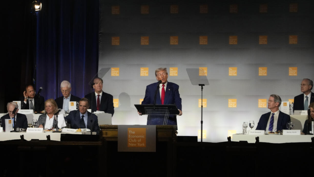 Republican presidential nominee former President Donald Trump speaks during a campaign event at the Economic Club of New York, Thursday, Sept. 5, 2024, in New York.