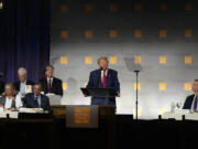 Republican presidential nominee former President Donald Trump speaks during a campaign event at the Economic Club of New York, Thursday, Sept. 5, 2024, in New York.