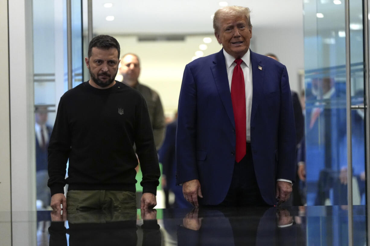 Republican presidential nominee former President Donald Trump meets with Ukraine&rsquo;s President Volodymyr Zelenskyy at Trump Tower, Friday, Sept. 27, 2024, in New York.