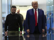 Republican presidential nominee former President Donald Trump meets with Ukraine&rsquo;s President Volodymyr Zelenskyy at Trump Tower, Friday, Sept. 27, 2024, in New York.