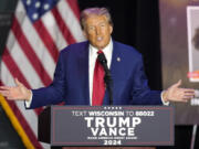 Republican presidential nominee former President Donald Trump speaks during a rally, Saturday, Sept. 28, 2024, in Prairie du Chien, Wis.