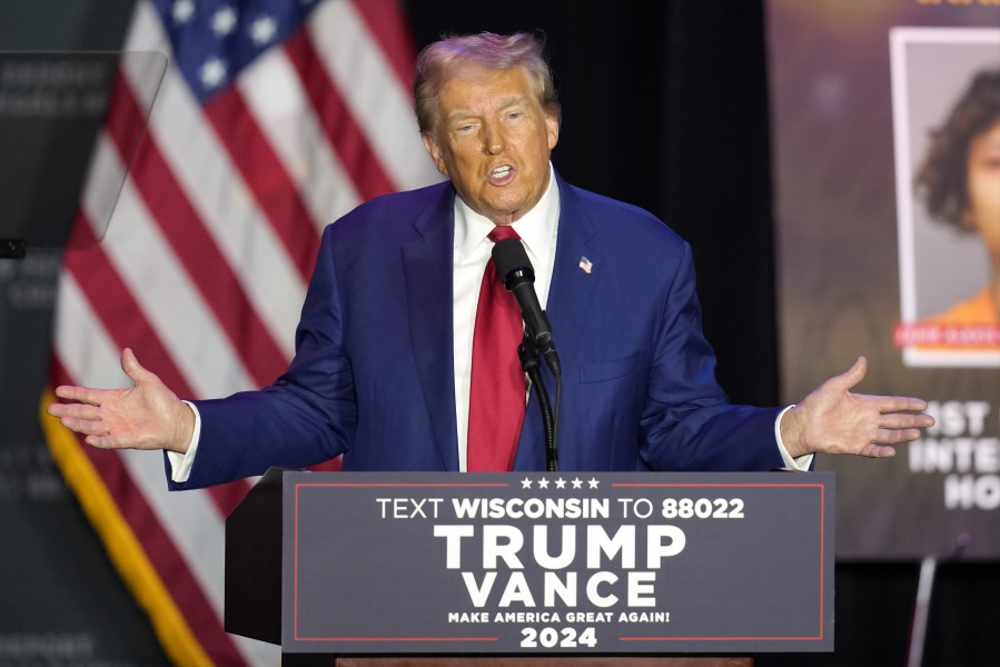 Republican presidential nominee former President Donald Trump speaks during a rally, Saturday, Sept. 28, 2024, in Prairie du Chien, Wis.