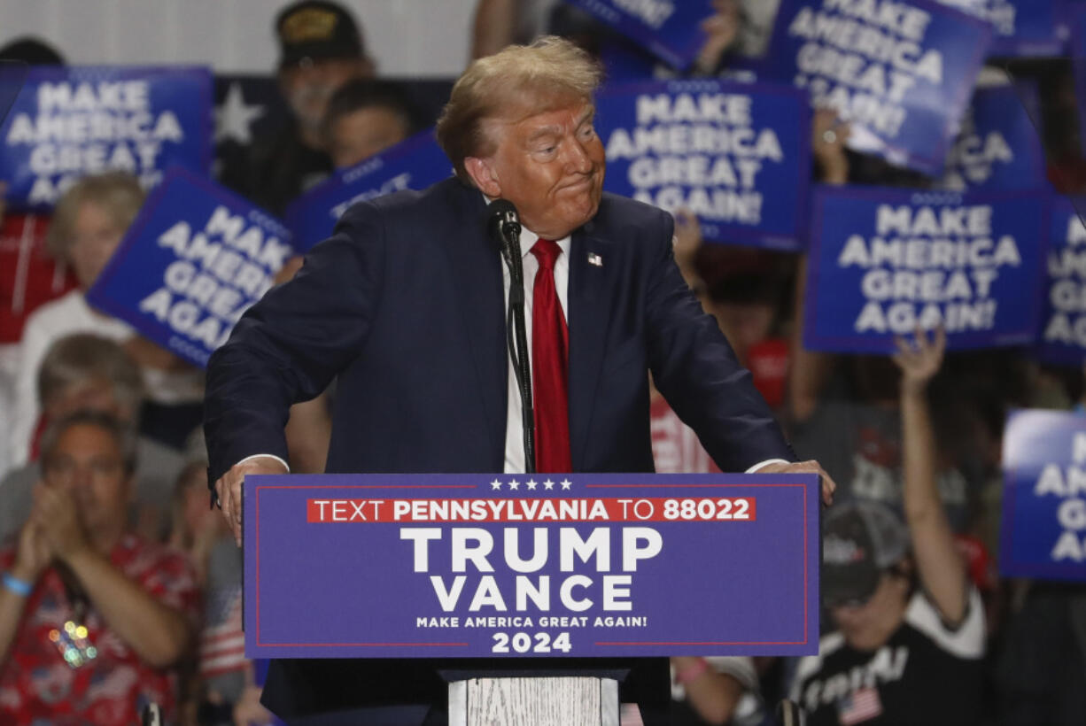 Republican presidential nominee former President Donald Trump speaks at a campaign rally at Bayfront Convention Center in Erie, Pa., Sunday, Sept. 29, 2024.