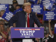 Republican presidential nominee former President Donald Trump speaks at a campaign rally at Bayfront Convention Center in Erie, Pa., Sunday, Sept. 29, 2024.